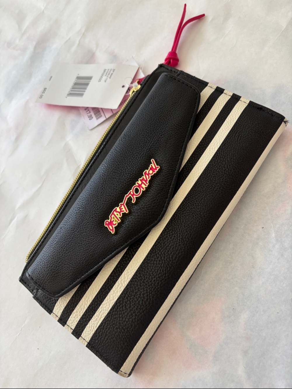 Betsey Johnson Black & Cream Striped Zip Wallet with Pink Accent